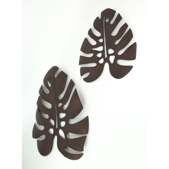 Set / 2 Antique Brown Metal Monstera Leaf Sculptures Wall Hanging - Picture 2 of 5